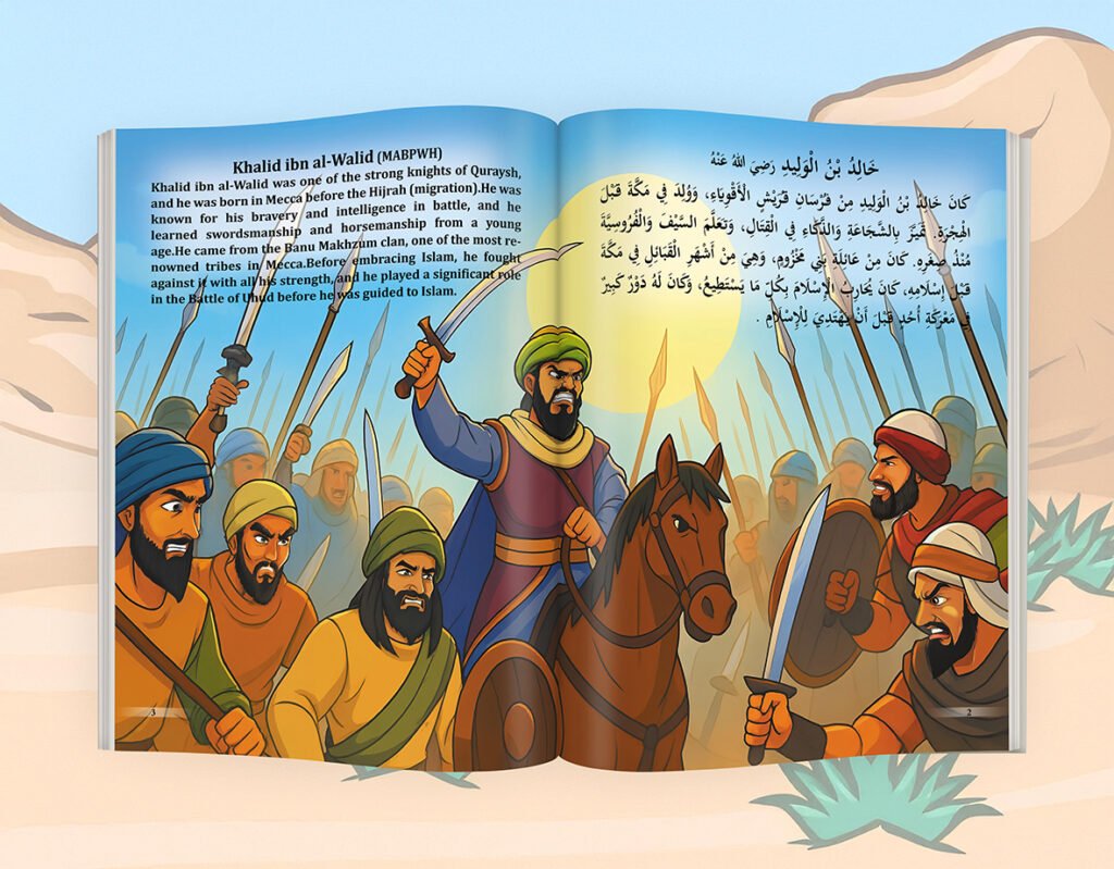 Libro escolar en árabe e inglés sobre Khalid ibn Al Walid