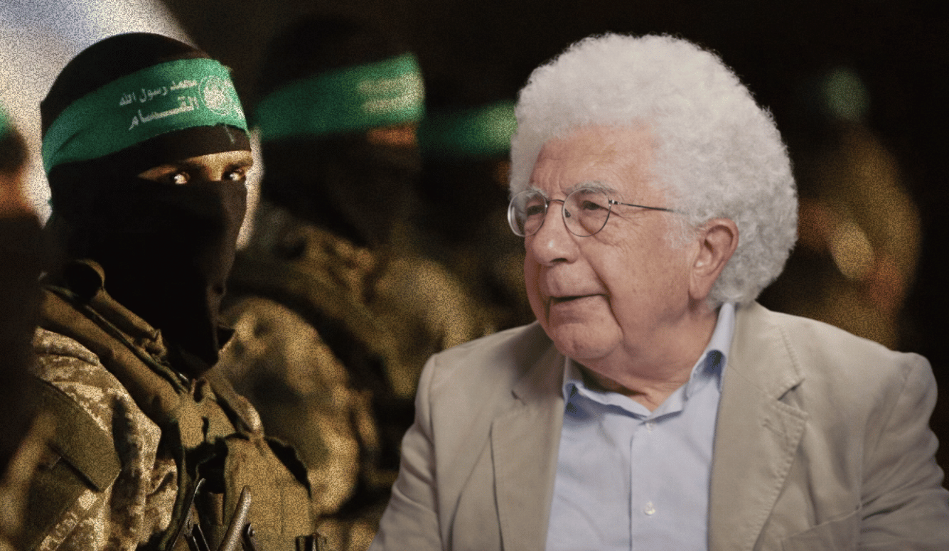 Avi Shlaim bajo el fondo de un combatiente de Hamas. Foto Youtube/ Quilette