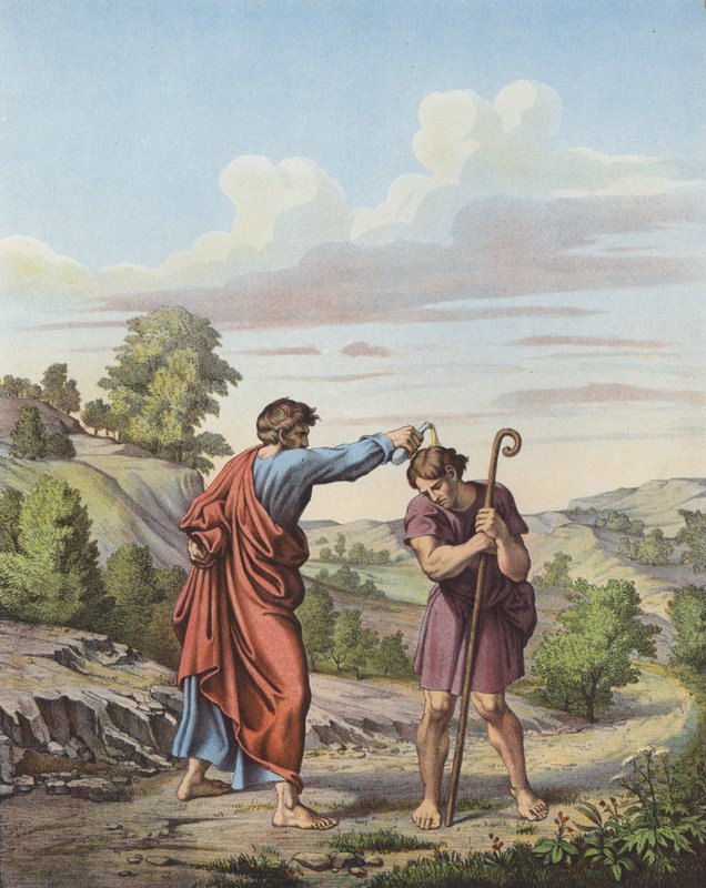 Rafael ungiendo a Samuel como rey de Israel y Judá